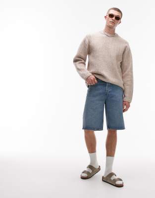Topman Topman denim bermuda short in mid wash blue