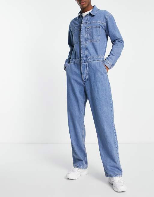 ASOS DESIGN Maternity denim boiler suit in mid wash