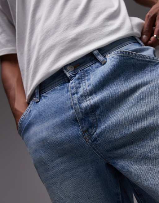Topman denim carpenter shorts in light wash blue