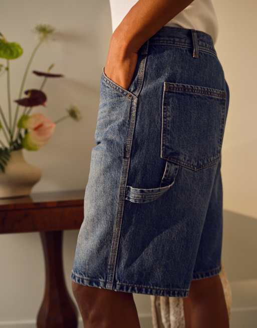 Topman denim carpenter shorts in mid wash blue, 4 of 5