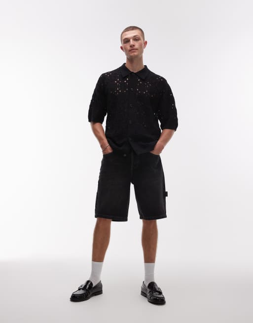 Topman denim carpenter shorts in washed black