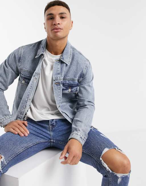 ASOS Denim Jacket With Cut Off Sleeve in Mid Wash