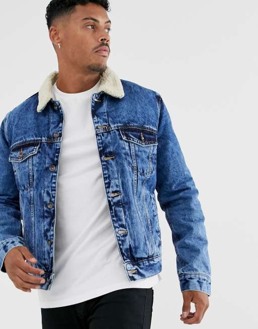 ASOS Fully Borg Lined Denim Jacket In Blue Wash for Men