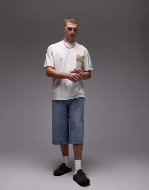 Topman denim mid length jorts in light wash blue - view 1