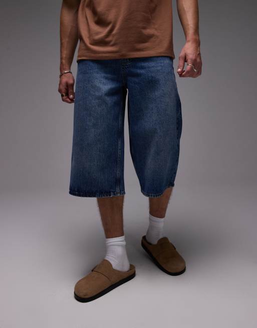 Topman denim mid length jorts in mid wash blue, 2 of 5