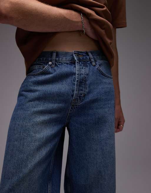 Topman denim mid length jorts in mid wash blue, 3 of 5