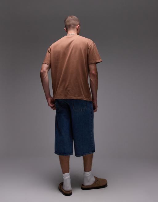 Topman denim mid length jorts in mid wash blue, 4 of 5