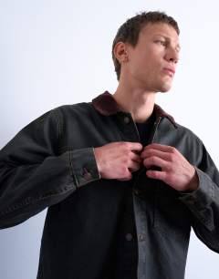 Model wearing Denim relaxed shacket in brown tint