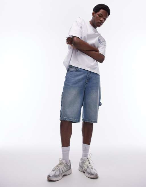 	Topman - Denim timmermansshort met lange pasvorm in lichtblauw met wassing