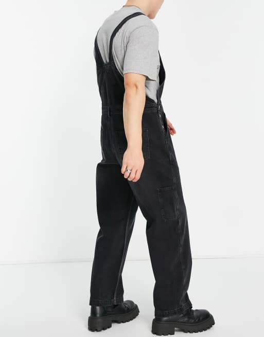 Topman - Denim tuinbroek in zwarte wassing