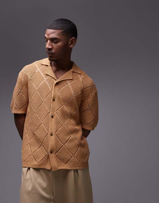 Topman diamond pattern crochet button through polo in mustard