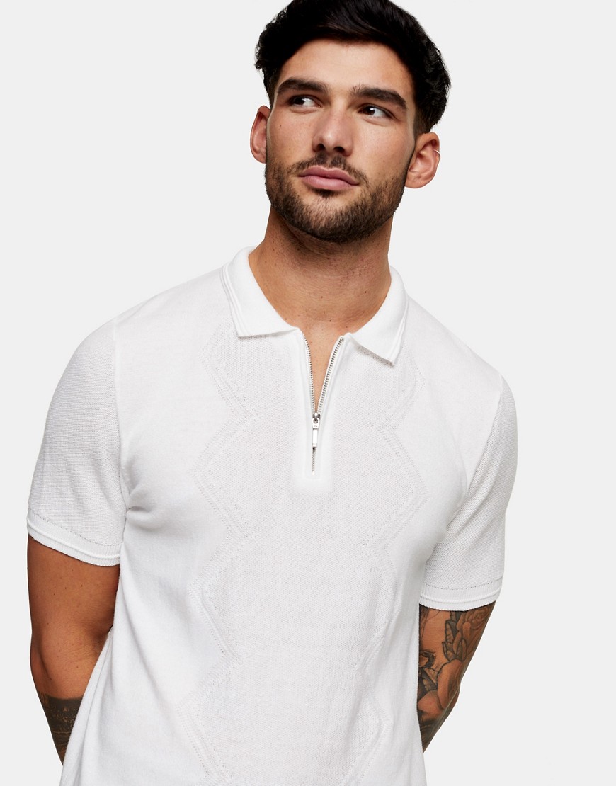 Topman diamond zip knitted polo shirt in white