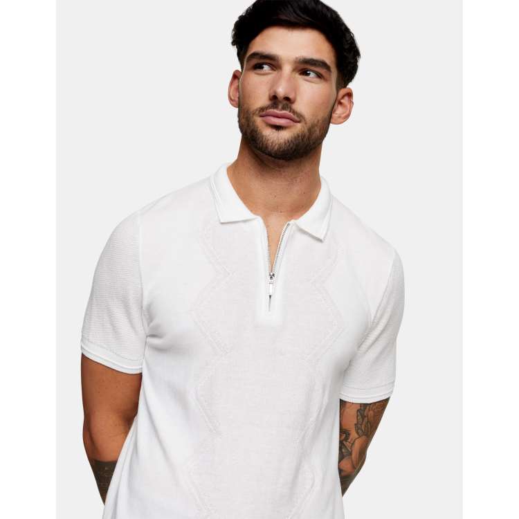 Topman diamond zip knitted polo shirt in white | ASOS