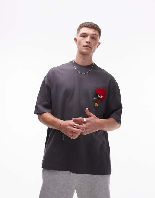 Topman Disney premium extreme oversized fit t-shirt Mickey heart embroidery patch in charcoal, 2 of 4