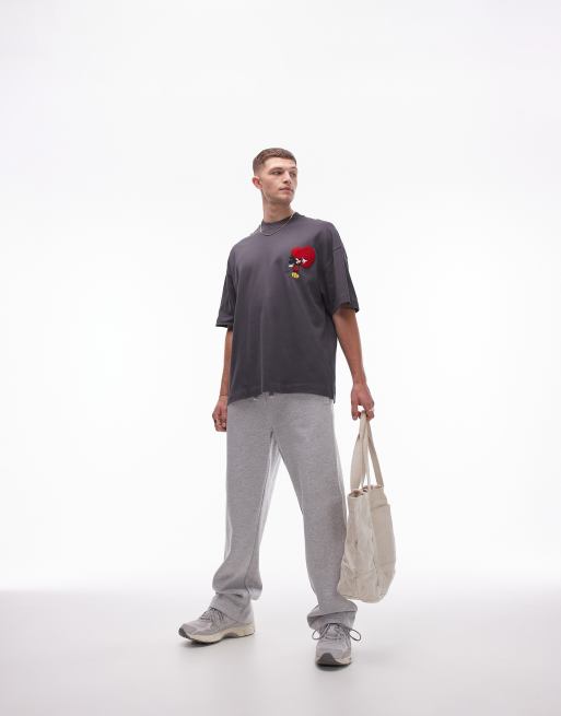 Topman Disney premium extreme oversized fit t-shirt Mickey heart embroidery patch in charcoal, 3 of 4