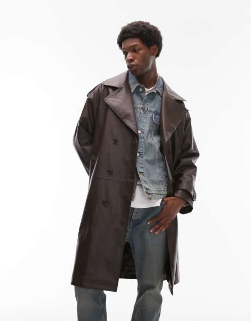 Topman distressed faux leather mac in brown | ASOS