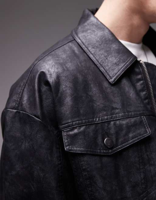 Topman distressed faux leather oversized bomber jacket in black, 4 of 4