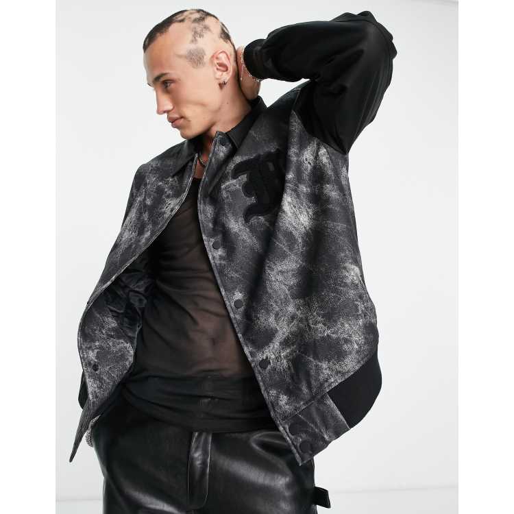 Topman wool mix varsity jacket with faux leather sleeves in black and white