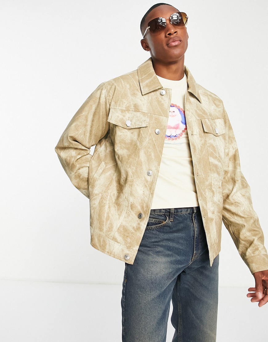Topman distressed faux leather western jacket in stone-Neutral