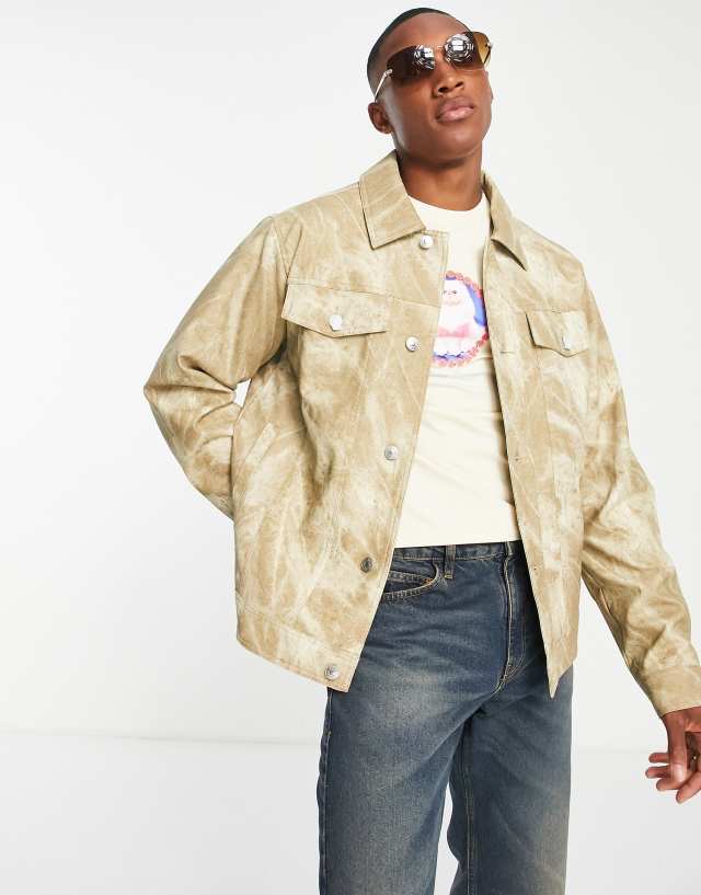 Topman distressed faux leather western jacket in stone