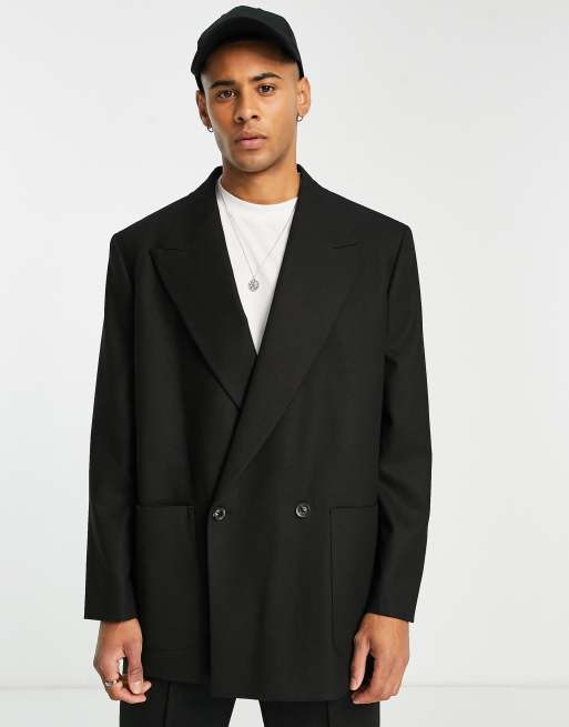 Topman - Dobbeltradet oversized habitjakke med firkantet pasform i sort twill