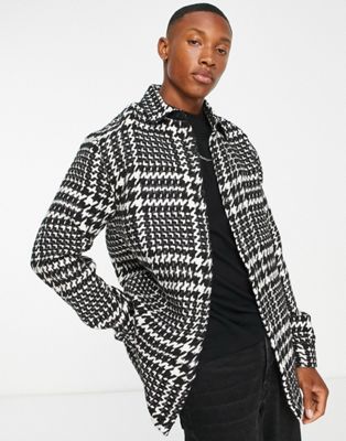 Topman dogtooth jacquard overshirt in black and white