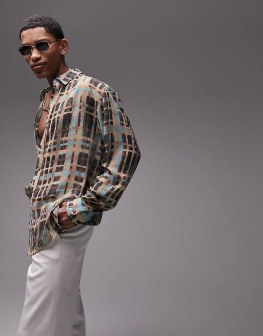Topman - Doorschijnend geruit overhemd met lange mouwen in blauw 