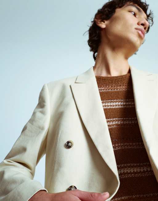 Topman - Double breasted blazer van linnenmix in stone, 3 van 5
