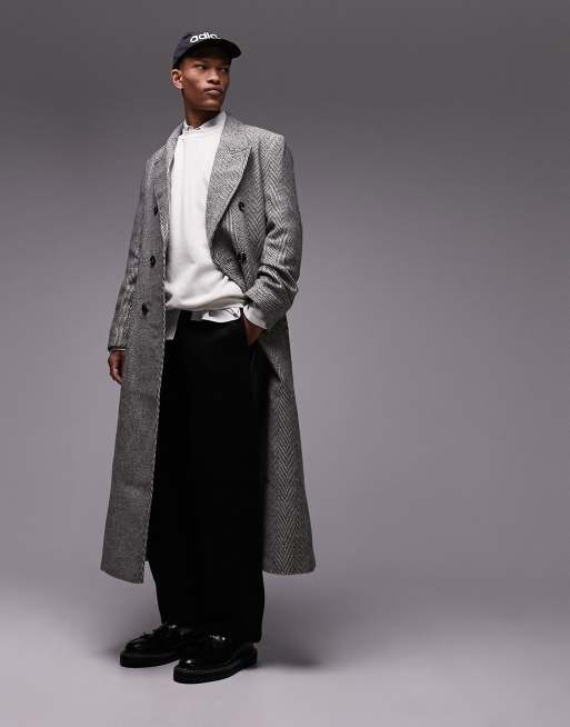 Wool Blend Double-Faced Double Breasted Herringbone Overcoat