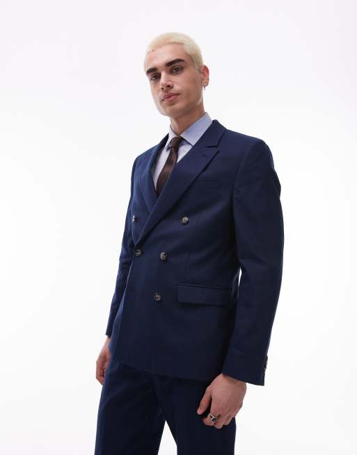 Topman double breasted linen blend blazer in navy