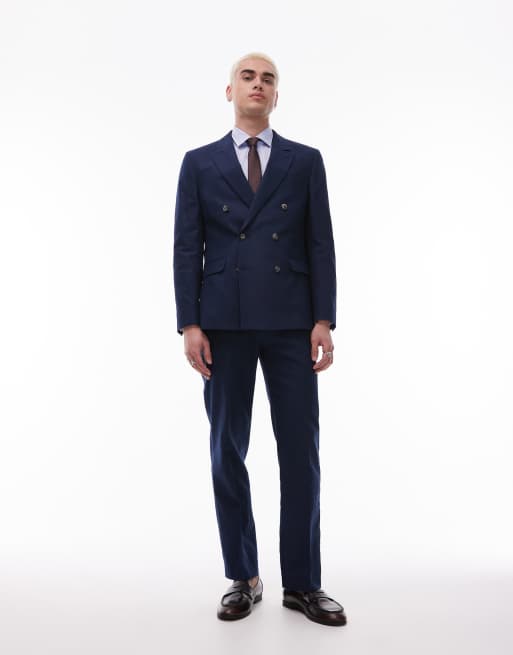 Topman double breasted linen blend blazer in navy