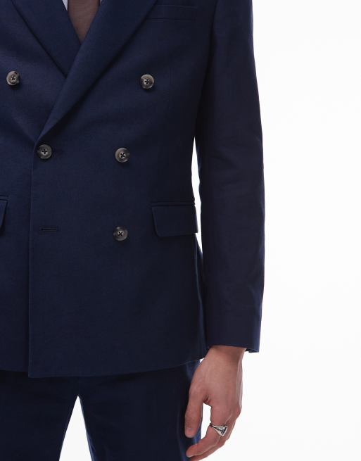 Topman double breasted linen blend blazer in navy