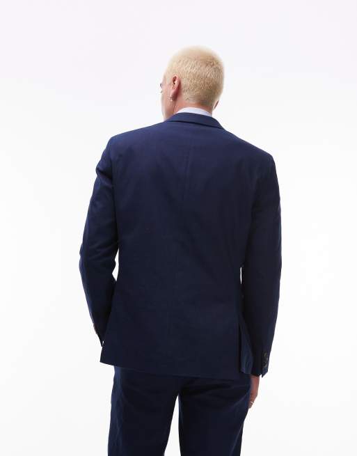 Topman double breasted linen blend blazer in navy