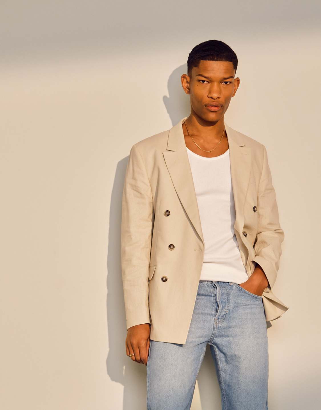 Topman double breasted linen blend blazer in stone
