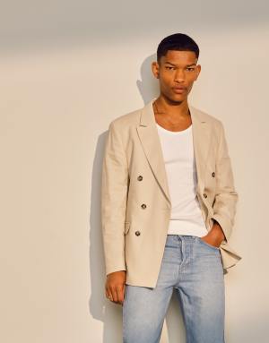 Topman double breasted linen blend blazer in stone