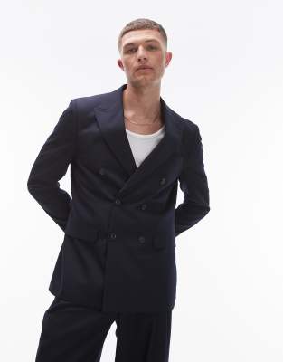 Topman Double Breasted Linen Blend Mix Slim Suit Jacket In Navy