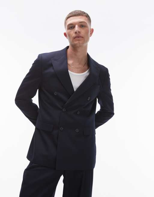 Topman double breasted linen blend slim suit jacket in navy 