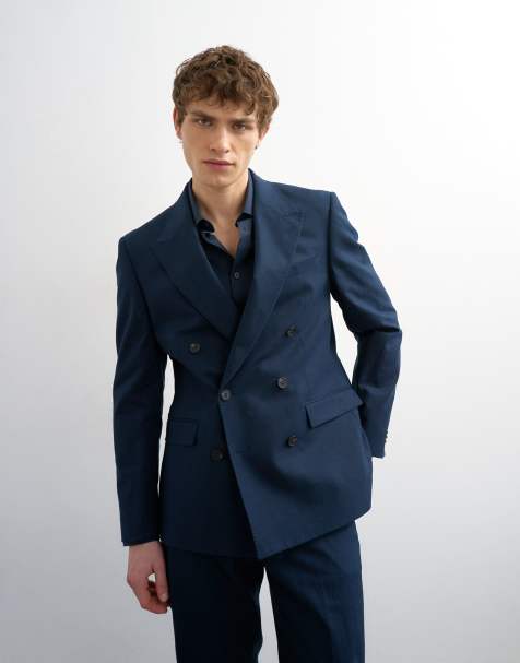 Topman double breasted linen rich blazer in navy - view 1