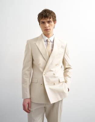 Topman Men's Stone Double Breasted Linen Rich Blazer In -Neutral