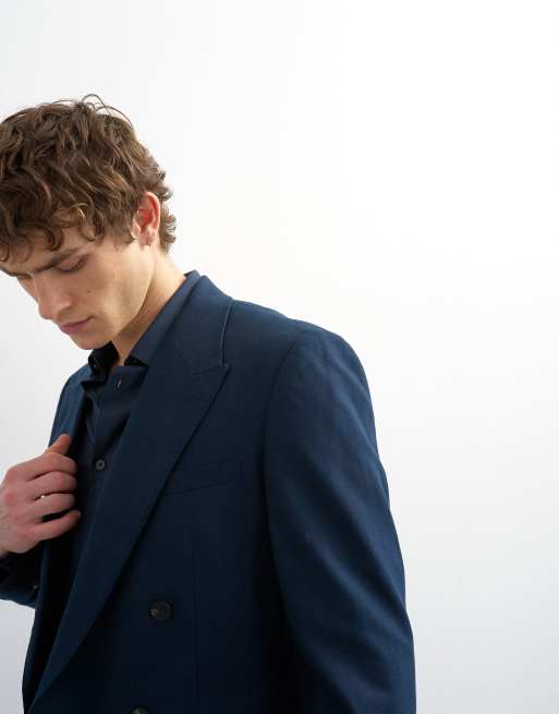 Topman - Double breasted linnenrijke blazer in marineblauw, 4 van 5