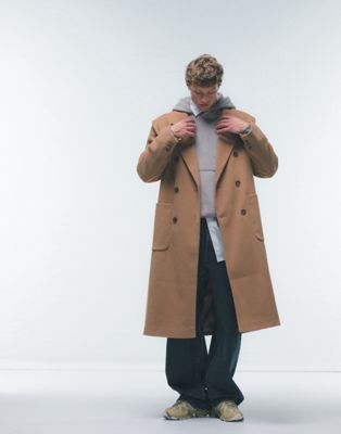 Topman Double Breasted Overcoat In Camel-neutral