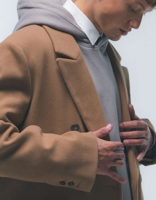 Topman double breasted overcoat in camel