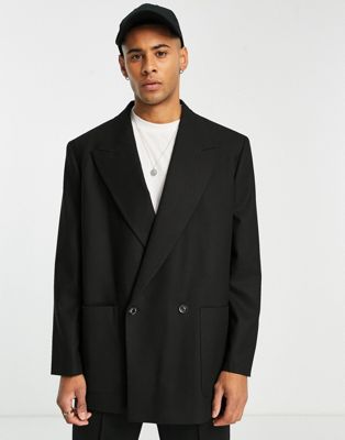 Topman double breasted oversized boxy pronounced twill suit jacket in black - ASOS Price Checker