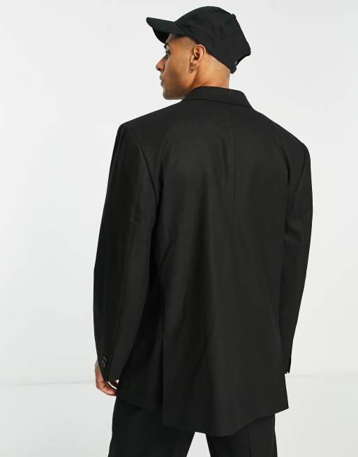 Topman double breasted oversized boxy pronounced twill suit jacket in black