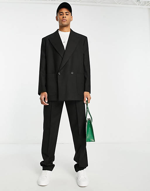 Topman double breasted oversized boxy pronounced twill suit jacket in black  | ASOS