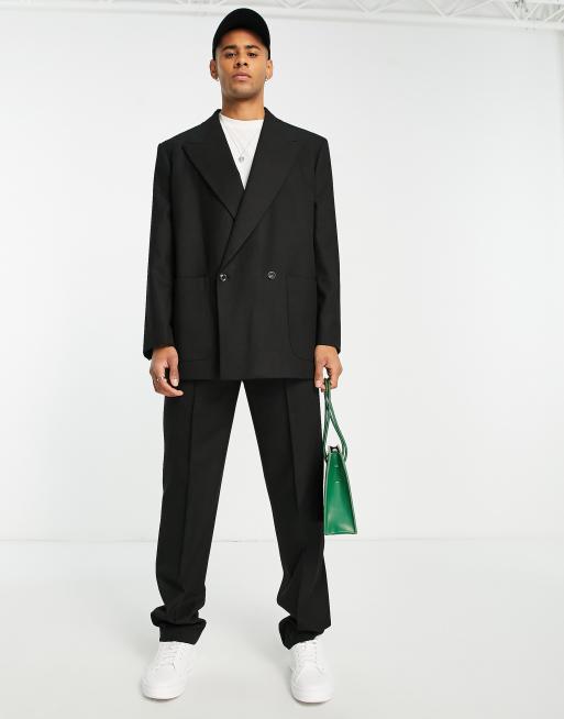 Topman double breasted oversized boxy pronounced twill suit jacket in black