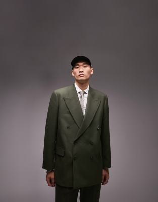 Topman Double Breasted Six Button Oversized Boxy Warmhandle Suit Jacket In Khaki-green