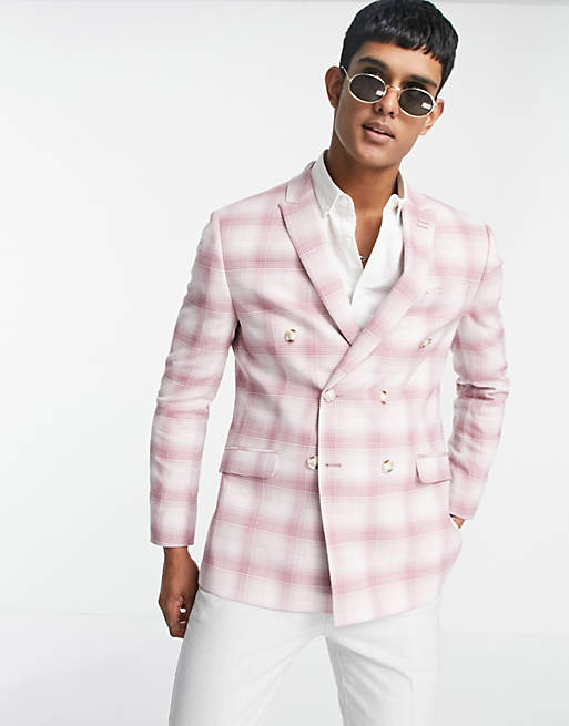 Topman skinny fit double breasted suit jacket in pink check