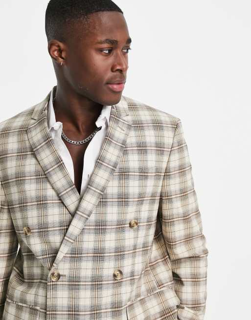 Topman double breasted slim check suit jacket in tan | ASOS