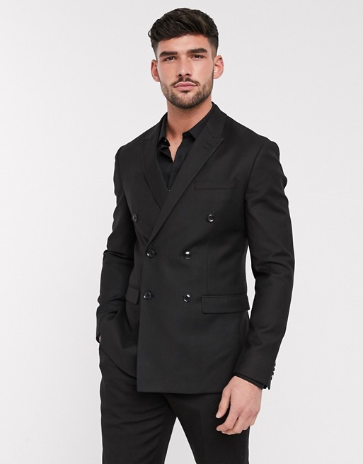 Topman double breasted slim suit jacket in black
